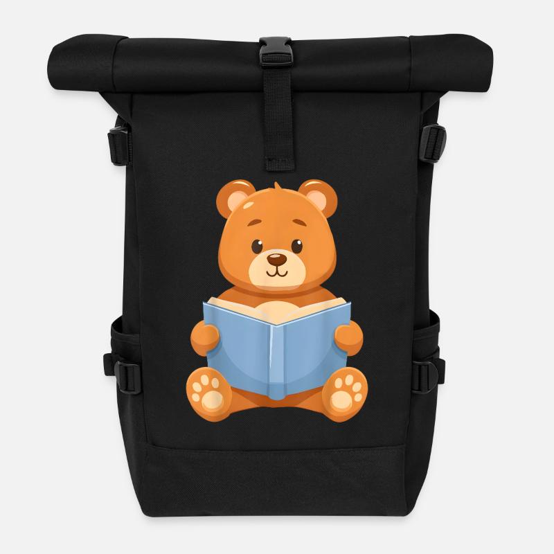 Reading Teddy Bear - Roll Top Backpack - black
