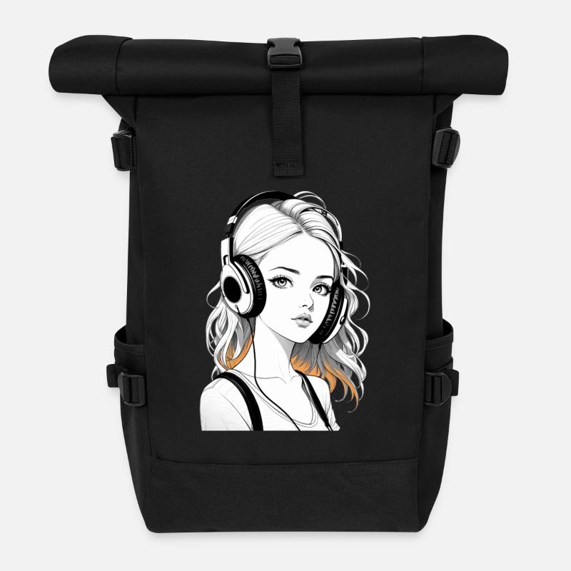 Musik Frau Mädchen Kopfhoerer Rave Geschenkidee - Rolltop Rucksack - Schwarz
