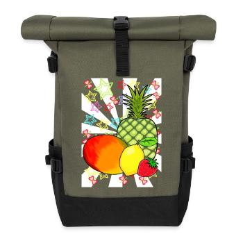 80er Obst Früchte Frucht Retro Teenie - Rolltop Rucksack - Olive/Schwarz - Vorne