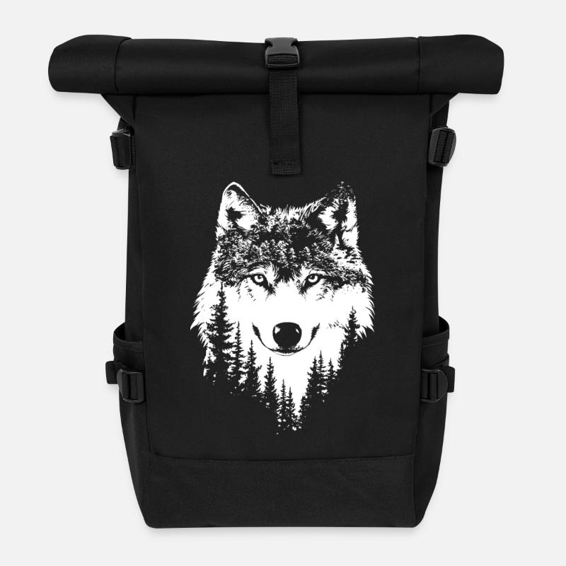 Wolf Gesicht Wald Natur in Schwarz-Weiß - Rolltop Rucksack - Schwarz