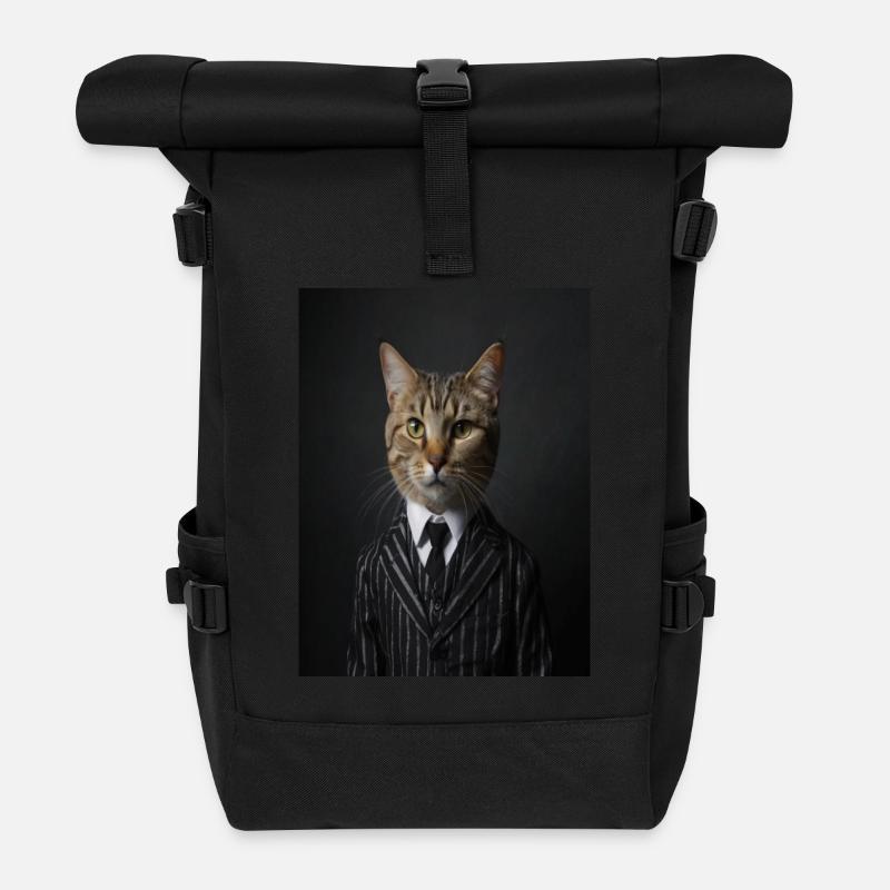 Chat Portrait de chat en costume rayé et cravate - Sac à dos roll top - noir