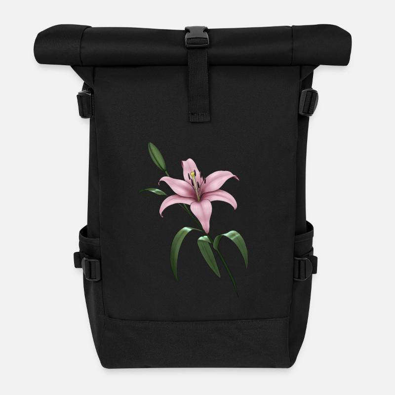 Rosa Lilie - Rolltop Rucksack - Schwarz