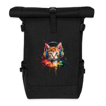 Katze Aquarell Kopfhörer - Rolltop Rucksack - Schwarz - Vorne