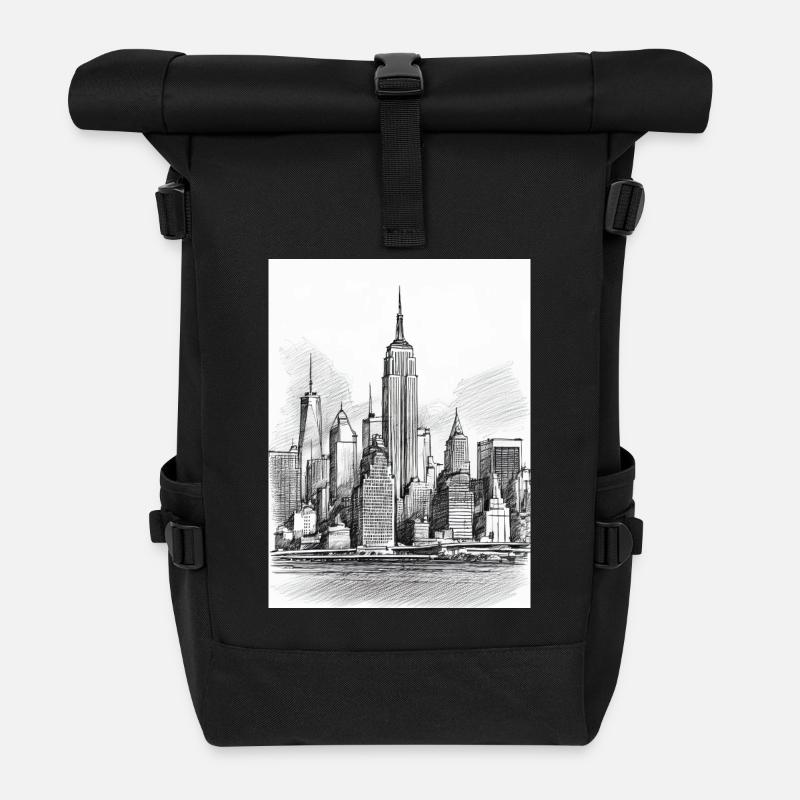 Skyline Handzeichnung - Rolltop Rucksack - Schwarz