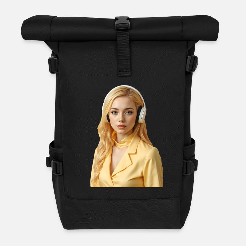 Goldhaariges Gamer-Mädchen mit Kopfhörern - Rolltop Rucksack - Schwarz