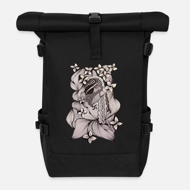 Zentangle Floral Pattern Black & White - Roll Top Backpack - black