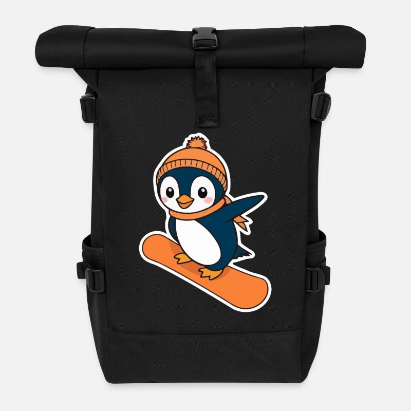 Pinguin auf einem Snowboard - Rolltop Rucksack - Schwarz
