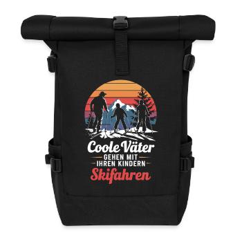 Vater Kinder Skifahren, Junge, Mädchen - Rolltop Rucksack - Schwarz - Vorne