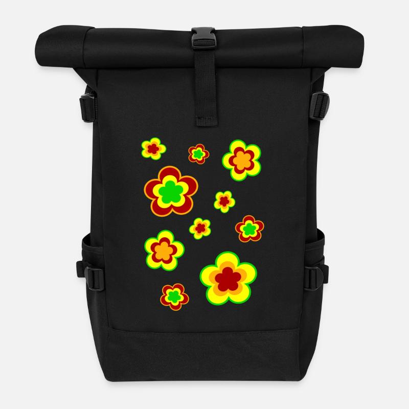 70er Jahre Blume Muster - Rolltop Rucksack - Schwarz