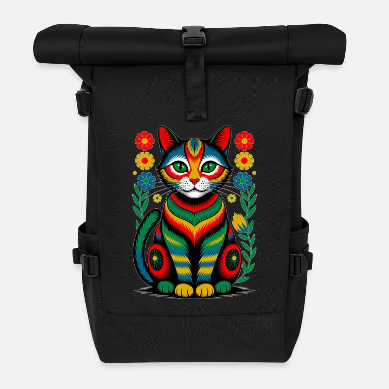 Folk Katze – Bunte Seele der Natur - Rolltop Rucksack - Schwarz