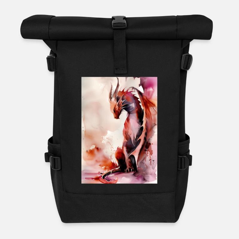 Red Watercolor Dragon - Roll Top Backpack - black