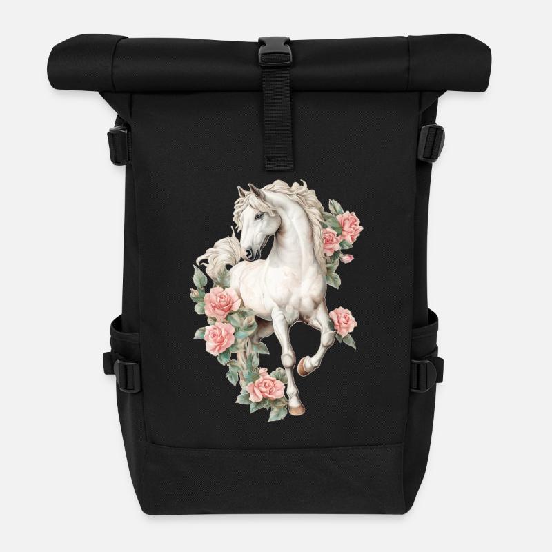 Pferd mit Rosen - Rolltop Rucksack - Schwarz