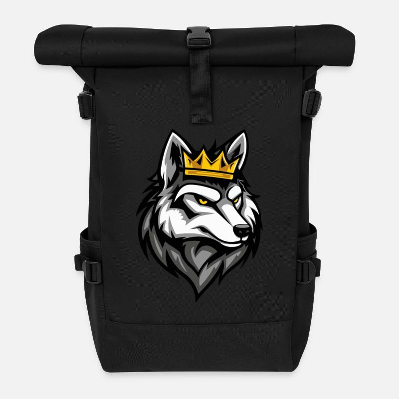Wolf Cartoon Crown - Roll Top Backpack - black