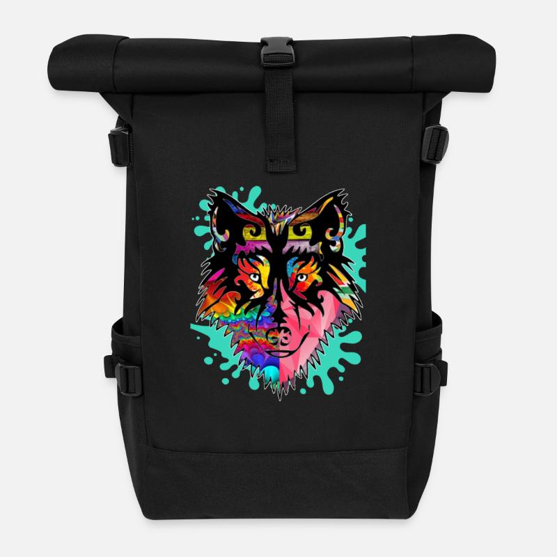 Wolf, bunt, - Rolltop Rucksack - Schwarz