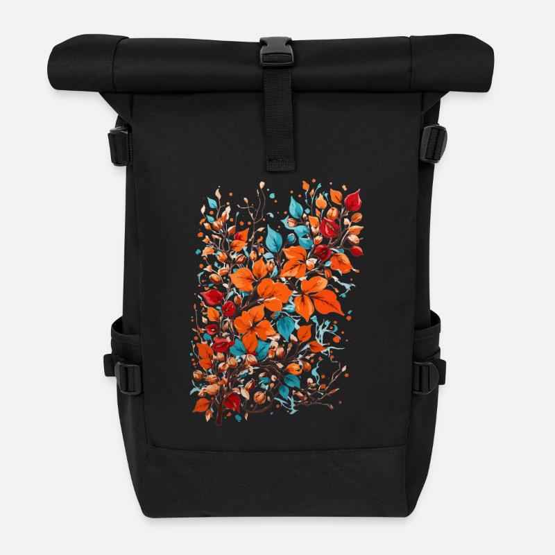 Autumn Flowers with Nuts - Roll Top Backpack - black