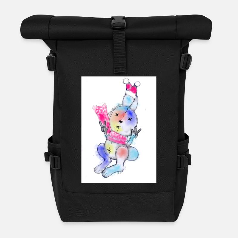 Bunter Weihnachtskuschelhase mit Mütze - Rolltop Rucksack - Schwarz