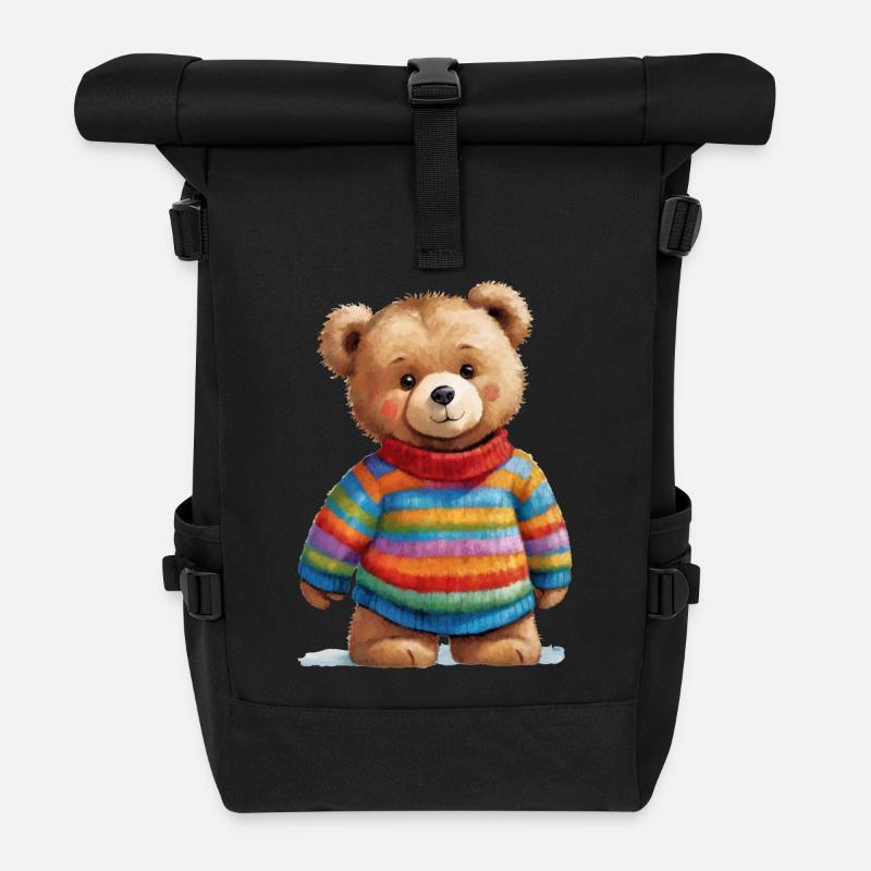 Teddy im gestreiften Pullover Aquarellzauber - Rolltop Rucksack - Schwarz