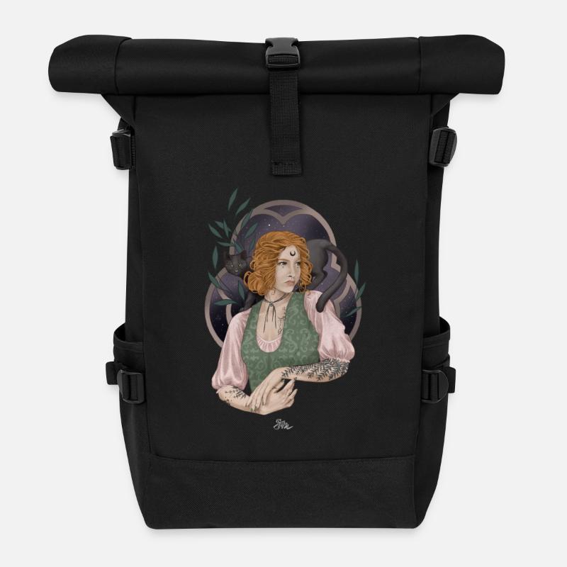 Young herb witch with cat companion - Roll Top Backpack - black