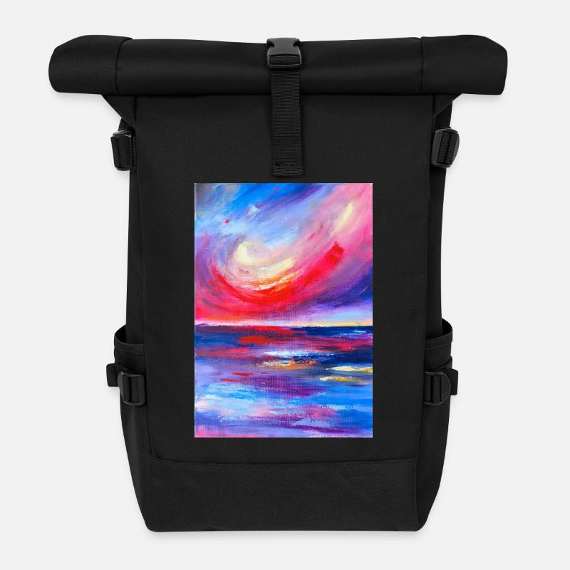 Vibrant Sunrise Seascape Artwork - Roll Top Backpack - black