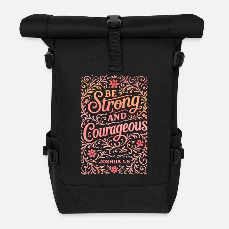 Imprimé floral Be Strong and Courageous - Sac à dos roll top - noir