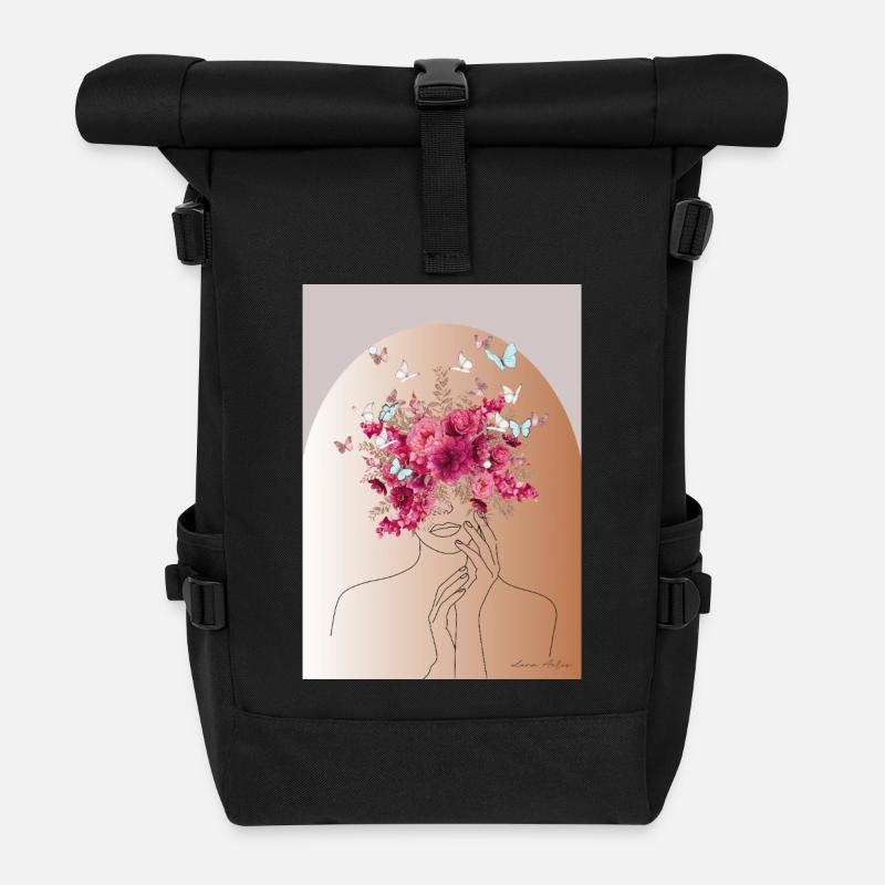 Flower head with butterfly crown - Roll Top Backpack - black