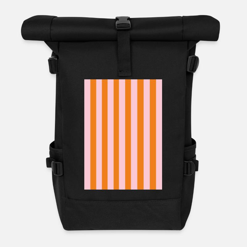 Stripes - orange pink personalizable - Roll Top Backpack - black