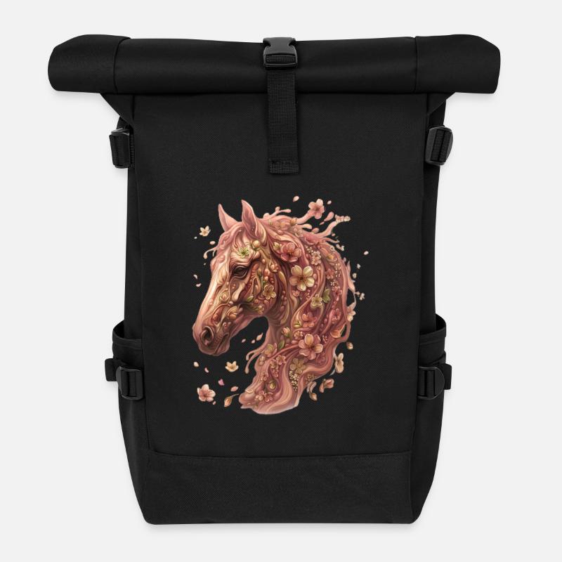 Flora, Pferdekopf mit Blüten - Rolltop Rucksack - Schwarz