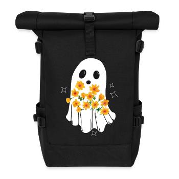 Halloween Ghost, Cute Ghost with Autumn Flowers - Roll Top Backpack - black - Front