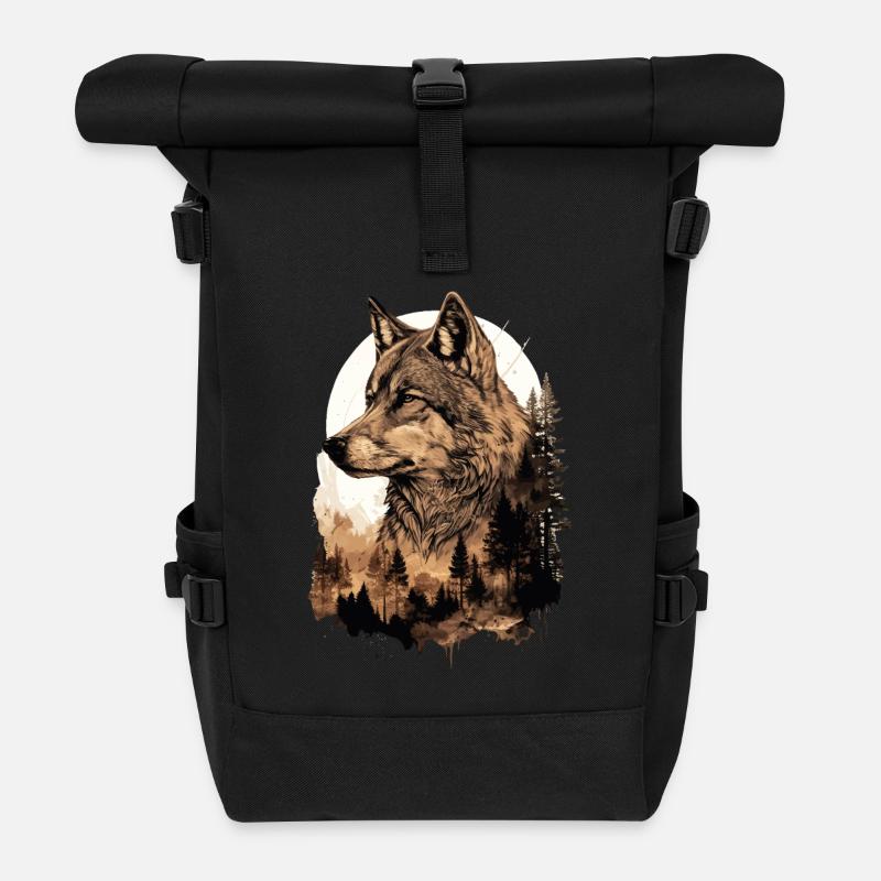 Wolf Wolfskopf Wald Natur Berge Wildnis Sonne - Rolltop Rucksack - Schwarz