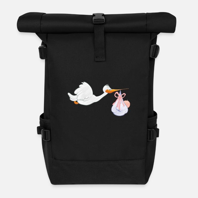 Storch mit Baby - Rolltop Rucksack - Schwarz