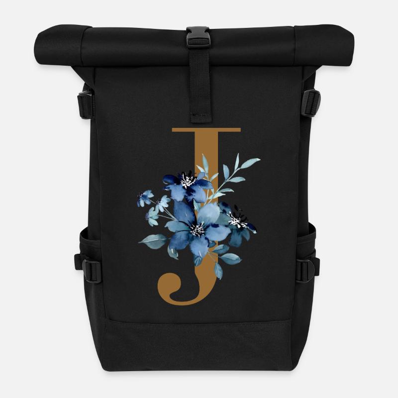 Florales J – Goldener Buchstabe mit Blüten - Rolltop Rucksack - Schwarz