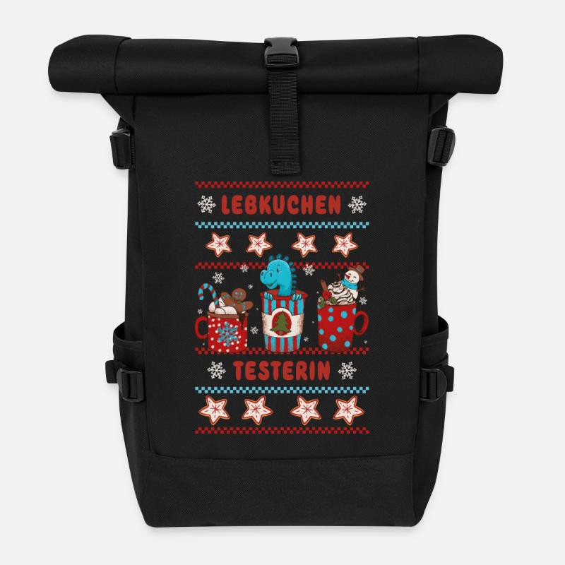 Gingerbread Tester - Christmas with Dino - Roll Top Backpack - black