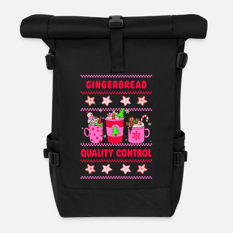 Gingerbread Quality Control - neon pink - Roll Top Backpack - black