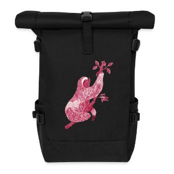 Sloth with Red Floral Print – Line Art - Roll Top Backpack - black - Front