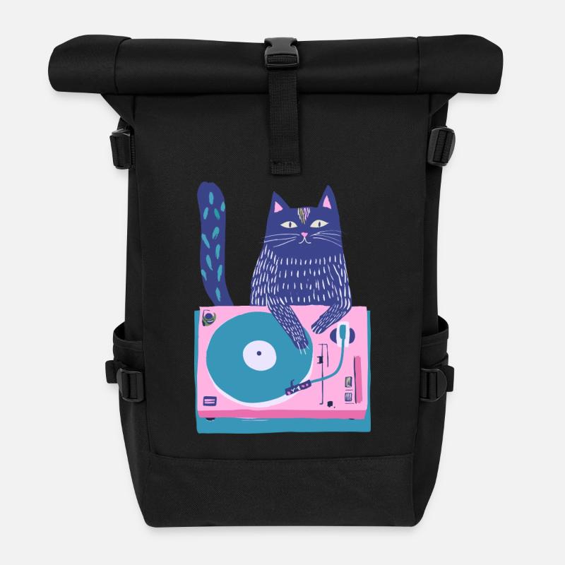 Purple Cat DJ auf dem Plattenspieler - Rolltop Rucksack - Schwarz