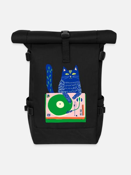 Blue Cat DJ on Whimsical Turntable - Roll Top Backpack - black