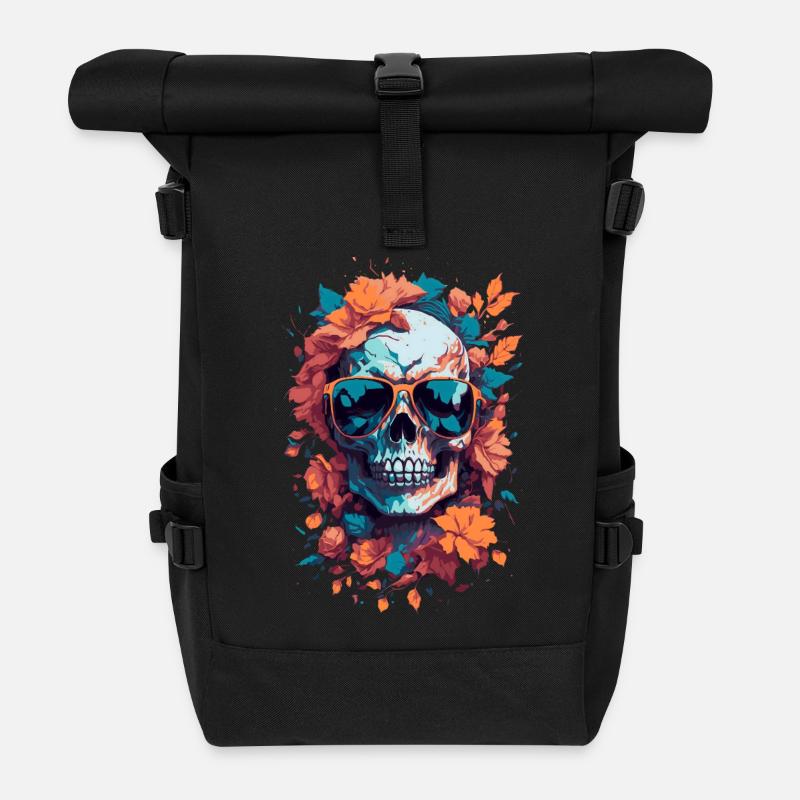 Tropischer Schädel mit Brille und Blättern - Rolltop Rucksack - Schwarz