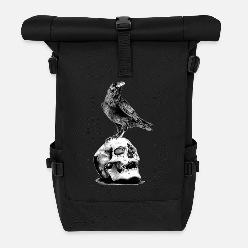 Skull with a crow - Roll Top Backpack - black