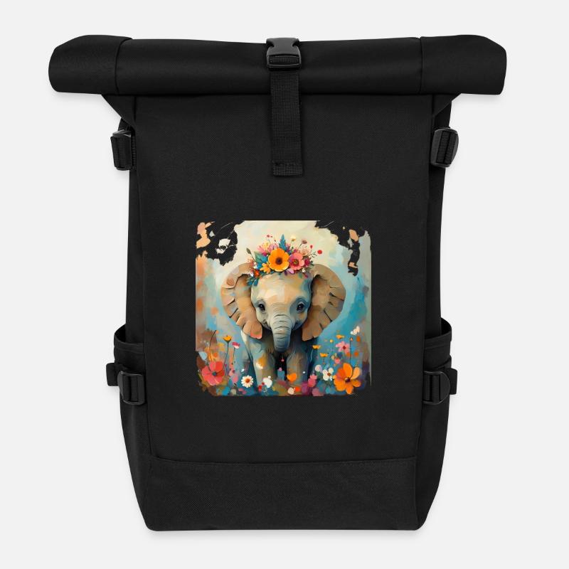 Cute Elephant - Roll Top Backpack - black
