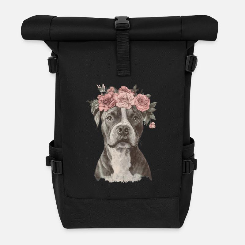 American Staffordshire Terrier with Flower Wreath - Roll Top Backpack - black