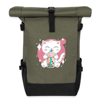 Kawaii Bubble Tea Katze Boba Milch - Rolltop Rucksack - Olive/Schwarz - Vorne