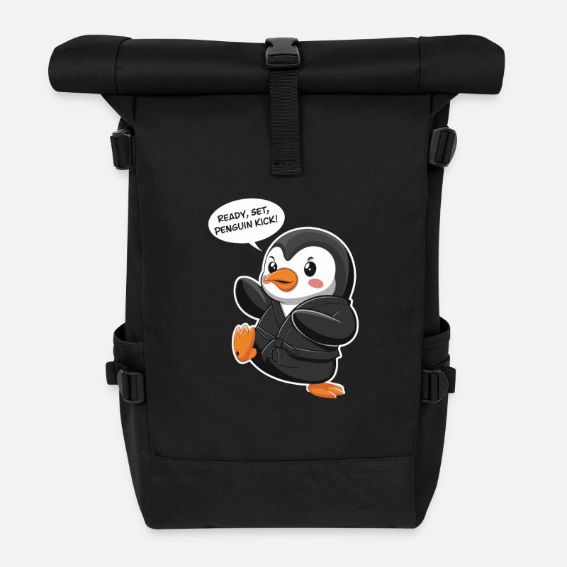 Ready, Set, Penguin Kick! Cute Penguin - Roll Top Backpack - black