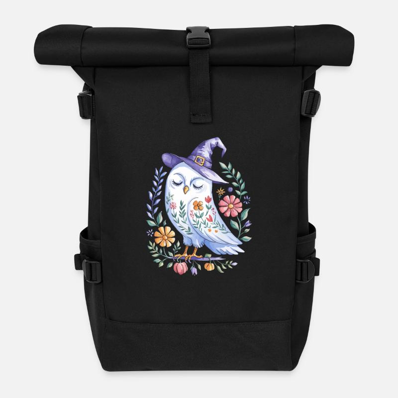 Halloween Eule Mit Hexenhut Und Blumen - Rolltop Rucksack - Schwarz