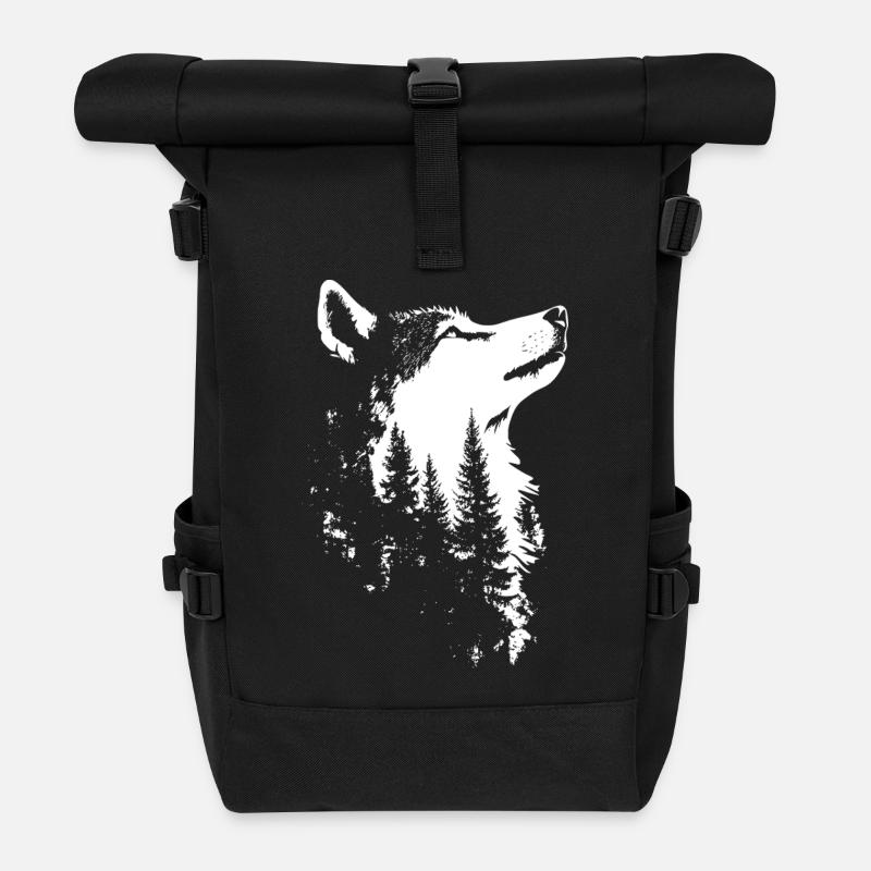 Nordischer Wolf Wald Silhouette - Rolltop Rucksack - Schwarz