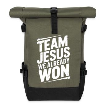 Team Jesus, wir haben bereits gewonnen - Rolltop Rucksack - Olive/Schwarz - Vorne