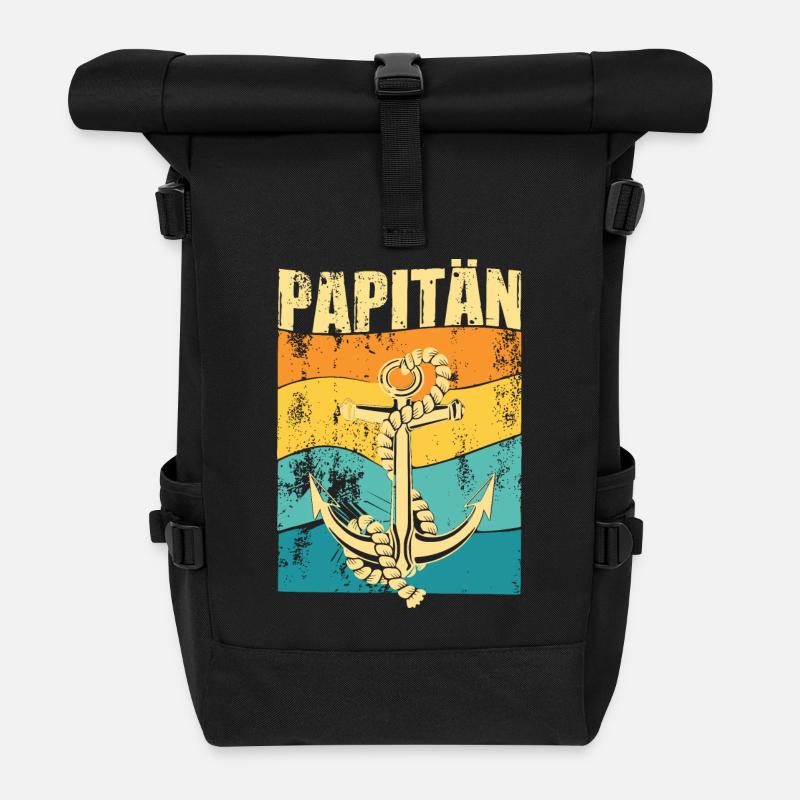 PAPITÄN - Retro Anker - Geschenkidee Papa - Rolltop Rucksack - Schwarz
