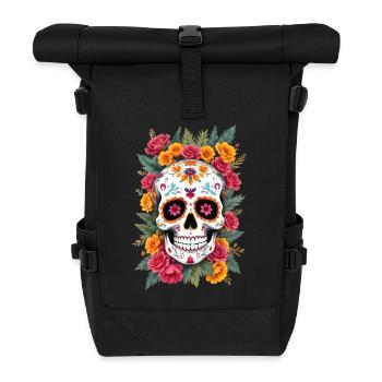 Tête de mort mexicaine sugar skull calavera fleurs - Sac à dos roll top - noir - Devant