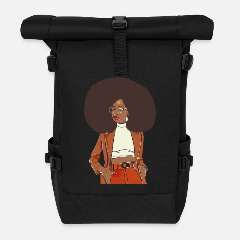 Afro-Chic mit orangefarbenem Blazer - Rolltop Rucksack - Schwarz