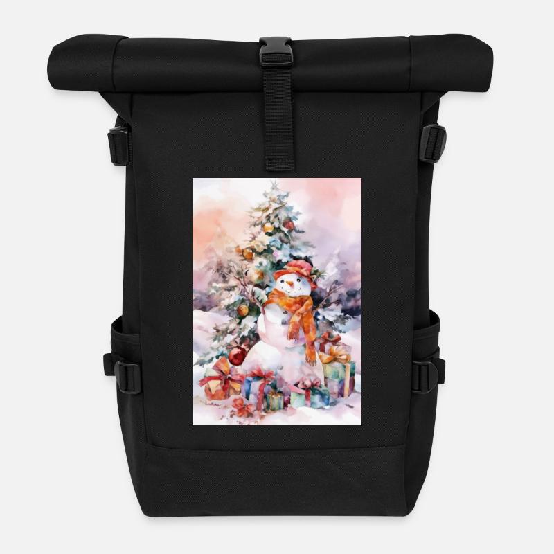 Snowman Watercolor Christmas - Roll Top Backpack - black