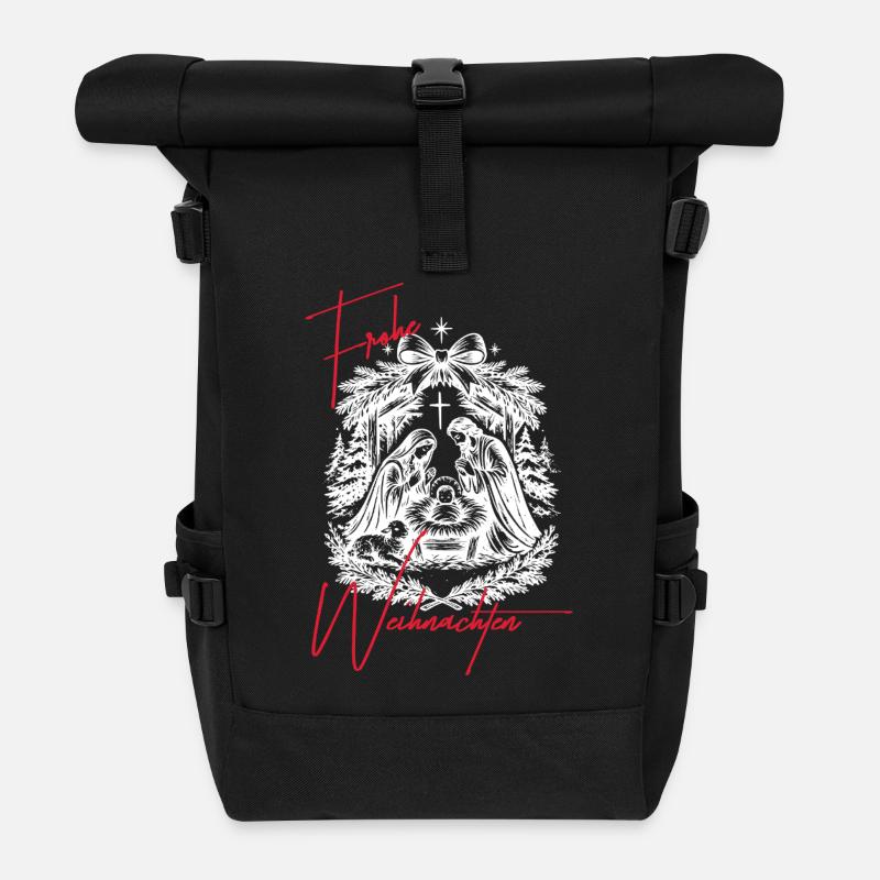 Weihnachtskrippe Schwarz Weiß - Rolltop Rucksack - Schwarz
